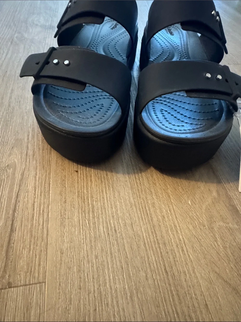 CROCS Black Double Strap Slide Sandals with Silver Stud Fasteners - Picture 7 of 10